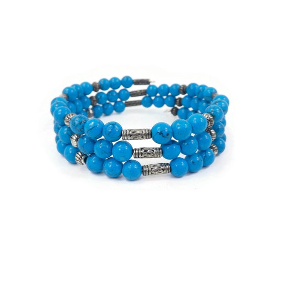 Vintage Blue Stone, Memory Wire Bracelet, Coil, S… - image 4