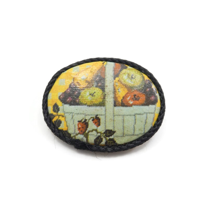 Black Cord Oval Fruit Basket Brooch Vintage