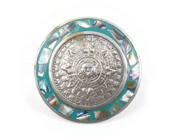 Vintage Mexico, Mayan Calendar, Brooch or Pendant, Round, Abalone Chip, Blue Enamel, Hecho en Mexico, Alpaca Silver Tone