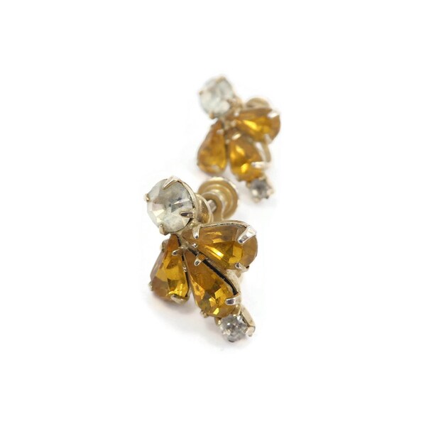 Vintage, Amber Rhinestone Earrings, Clear Rhinestone, Gold Tone, Screw Back