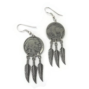Vintage, Indian Head & Buffalo Nickel, Earrings, Feather Dangles, Silver Tone, Hooks