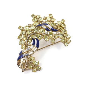 Vintage TRIFARI, ALFRED PHILLIPE, Jonquil Rhinestone Brooch, Yellow and Clear Rhinestones, Navy Blue Enamel, Gold Tone, Signed, Circa 1950's