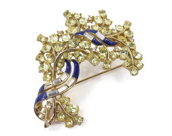 Vintage TRIFARI, ALFRED PHILLIPE, Jonquil Rhinestone Brooch, Yellow and Clear Rhinestones, Navy Blue Enamel, Gold Tone, Signed, Circa 1950's