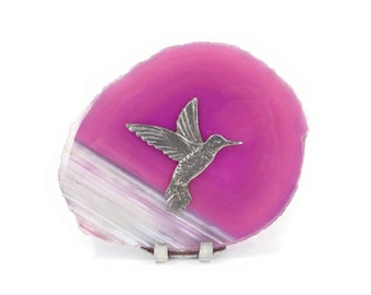 Pewter Hummingbird, Candle Holder, Pink Agate Slice, Signed