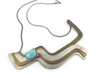 Vintage Modernist Necklace, Turquoise, Stone or Glass, Brass Silver Tone, Sterling Chain