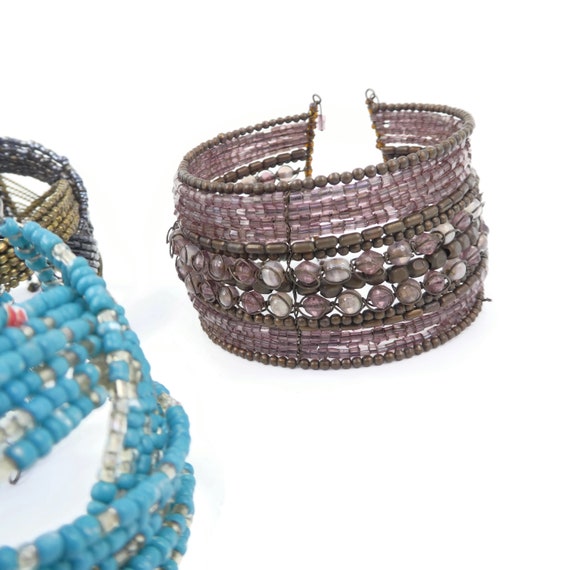 Vintage Seed Bead, Cuff Bracelets Lot, Blue, Purp… - image 4