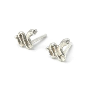 May include: A pair of silver-toned stud earrings shaped like coiled snakes. Each earring features a textured, metallic finish with a distinct head and a winding body design, complete with a straight post backing for secure attachment to the earlobe.