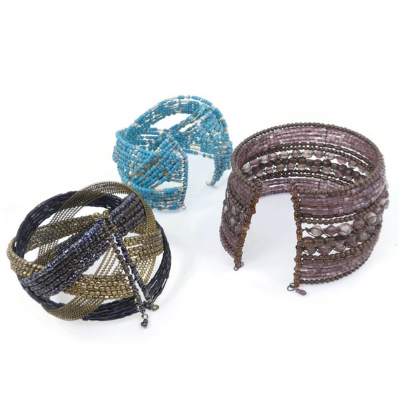 Vintage Seed Bead, Cuff Bracelets Lot, Blue, Purp… - image 6
