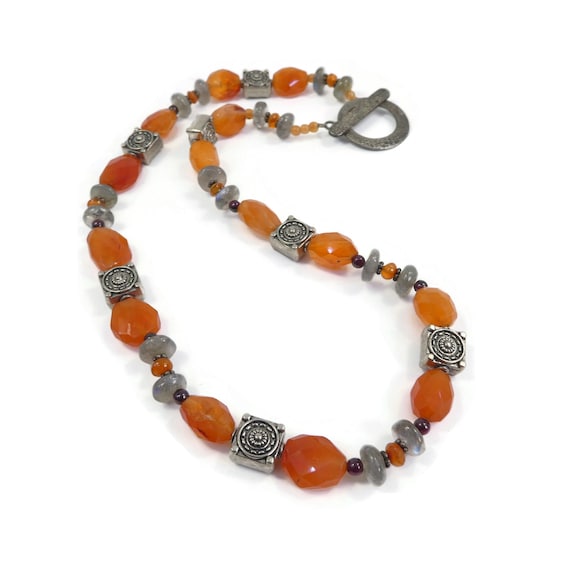 Vintage, Carnelian Bead, Necklace, Labradorite Be… - image 1