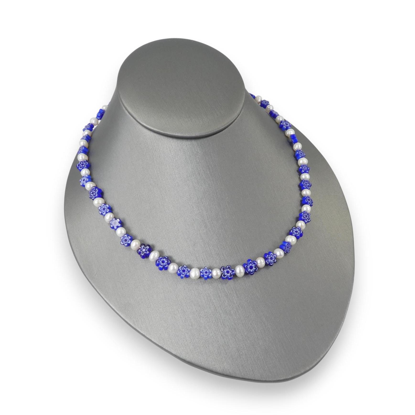 ÉLIOU, Corinna Necklace, Freshwater Pearls, Blue Murano Glass