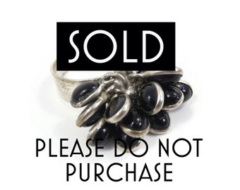 RESERVED FOR BS - Vintage, Black Glass or Stone, Cluster Ring, Silver Tone, Size 9