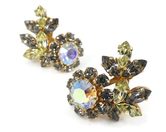 SCHOFFEL & CO, Pendientes de diamantes de imitación austriacos, Gris ahumado, Amarillo, Aurora Boreal, Tono dorado, Clip, Firmados