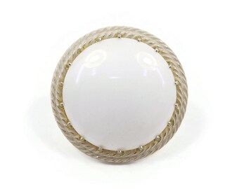 Vintage, Round White Brooch, Glass Cabochon, White Wash, Gold Tone