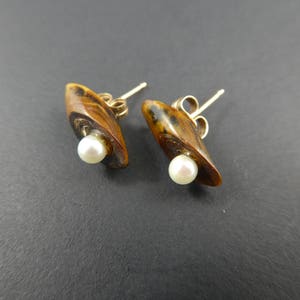 Vintage, Genuine Pearl, Earrings, Wood, 14K Gold Backs image 2