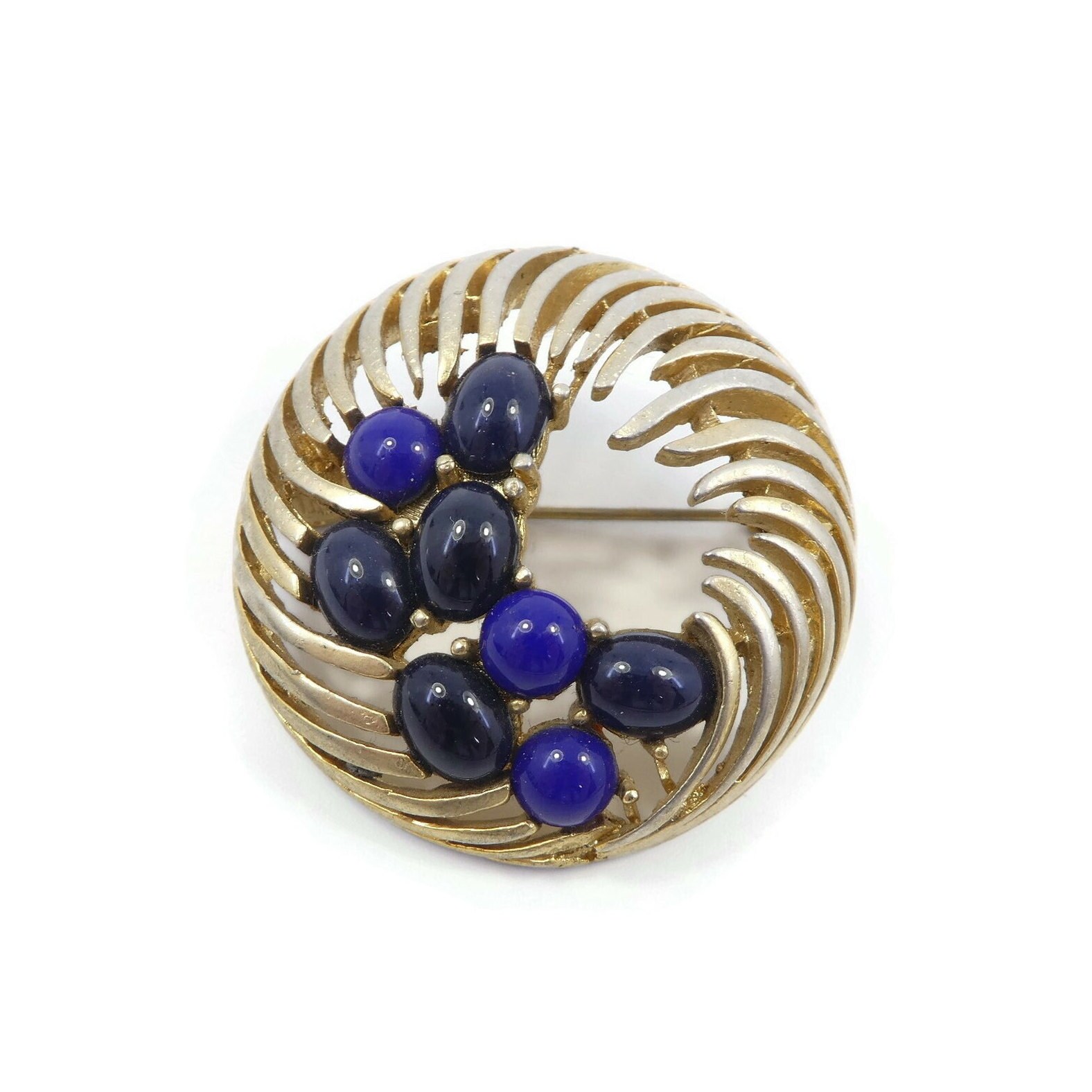 Grande Broche Vintage Années 50/60 - Cabochon Verre Taillé Bleu Marbré - Monture Or - Réf 3287