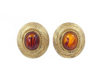 Vintage, Orange Swirl Earrings, Oval, Textured, Gold Tone, Clip Ons