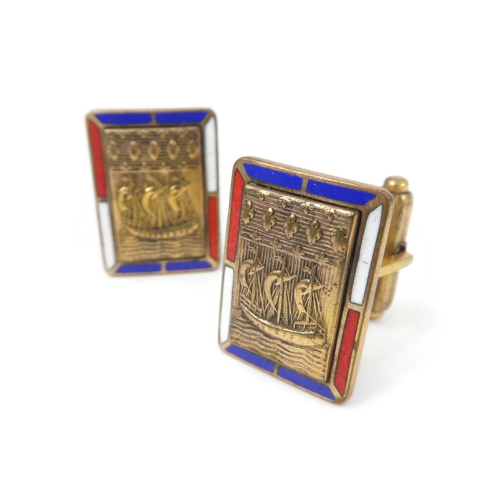 Vintage, Paris France, Coat of Arms, Cuff Links, Red Blue White