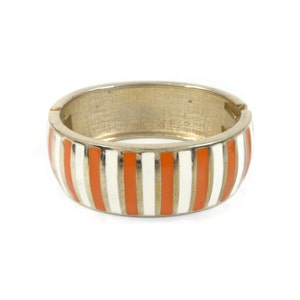 Vintage, Orange Cream Stripe, Clamper Bracelet, Enamel, Gold Tone, Hinged