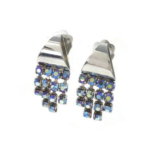 vintage, Aurora Borealis strass, Boucles d&#39;oreilles pendantes, ton argenté, Clips On