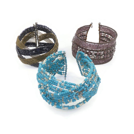 Vintage Seed Bead, Cuff Bracelets Lot, Blue, Purp… - image 1