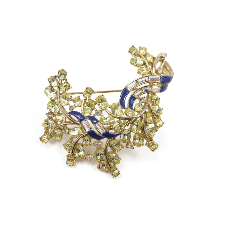 Vintage TRIFARI, ALFRED PHILLIPE, Jonquil Rhinestone Brooch, Yellow and Clear Rhinestones, Navy Blue Enamel, Gold Tone, Signed, Circa 1950's image 6