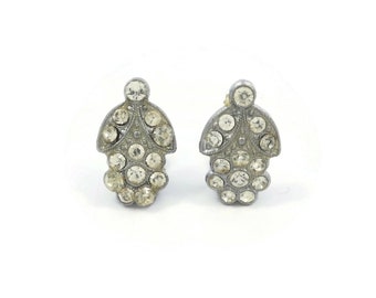 Vintage Rhinestone, Flower Earrings, Silver Tone, Clip Ons