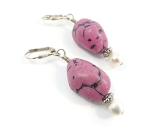 Vintage, Pink Howlite Stone, Earrings, Dangles, Genuine Pearls, Silver Tone, Hooks