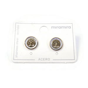 MIRAMIRA, Baum des Lebens, Ohrstecker, Perlmutt, Edelstahl, Gold Wash, Original Karte