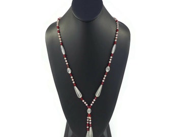 Vintage Art Deco, Czech Frosted Glass, Bead Necklace, Red and Clear Frost, Sautoir, Dangles