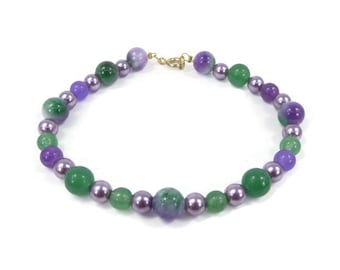 Vintage, Purple Green Stone, Bead Bracelet, Mauve Faux Pearls, Gold Tone Clasp