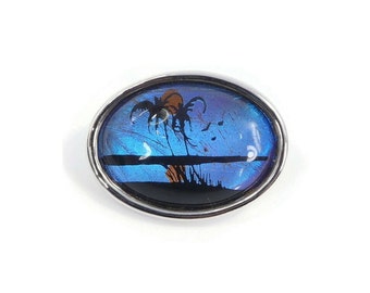 Vintage, Butterfly Wing Brooch, Tropical Scene, Palm Trees, Blue Morpho, Silver Tone