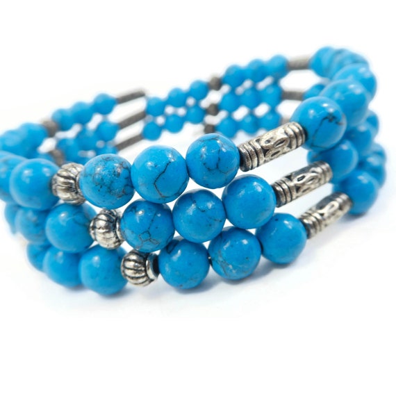 Vintage Blue Stone, Memory Wire Bracelet, Coil, S… - image 3