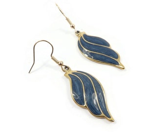 Vintage, Blue Enamel Earrings, Dangles, Gold Tone, Hooks