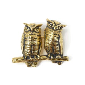 Könnte beinhalten: Vintage goldfarbene Metallbrosche mit zwei detaillierten Eulenfiguren, die auf einem Ast sitzen. Die Eulen haben strukturierte Federn und große Augen, mit einem Nadelverschluss auf der Rückseite. Die Brosche ist ein dekoratives Accessoire.