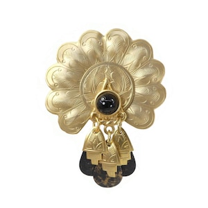 Vintage, Ethnic Style, Dangles Brooch,  Etched Look, Black Glass Cab, Matte Gold Tone
