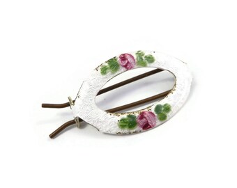 Vintage, Guilloche Hair Barrette, Hand Painted, Pink Flowers, White Enamel, Gold Tone