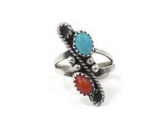 Vintage Sterling, Turquoise & Coral, Ring, Native American, Size 6.5