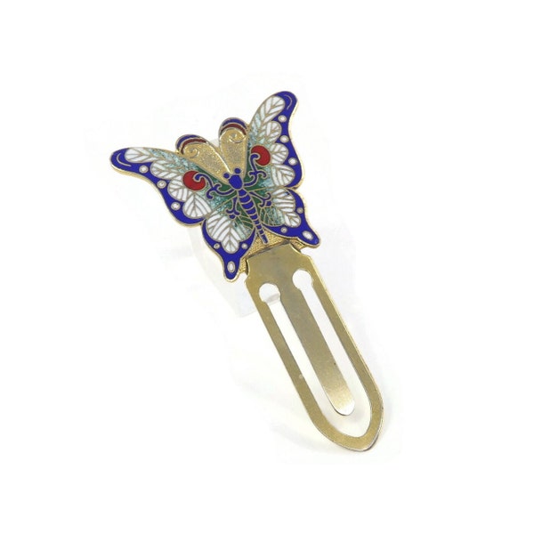 Vintage Cloisonne, Butterfly Bookmark, Blue White Enamel, Gold Tone