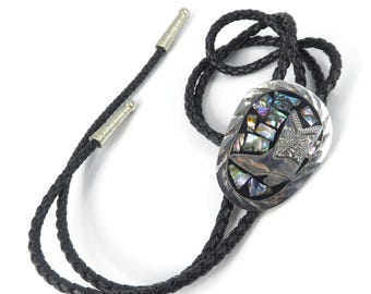 Vintage Mexico, Cowboy Boot, Bolo Tie, Abalone Chip, Black Enamel, Engraved, Black Cord, Alpaca Silver Tone