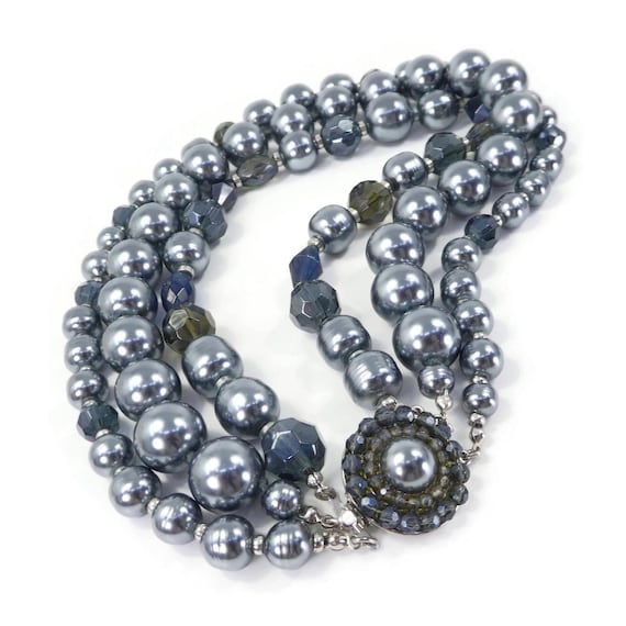 CAROLEE、シルバーブルーガラスビーズ、ネックレス、スモーキーガラス