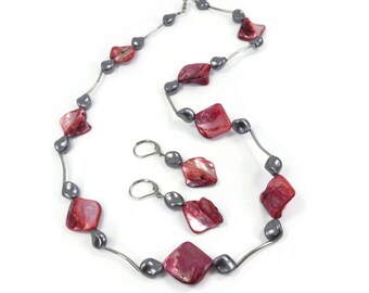 Vintage Red Shell Bead, Necklace Set, Dangle Earrings, Grey Glass Beads, Tube Beads, Silver Tone, Hooks