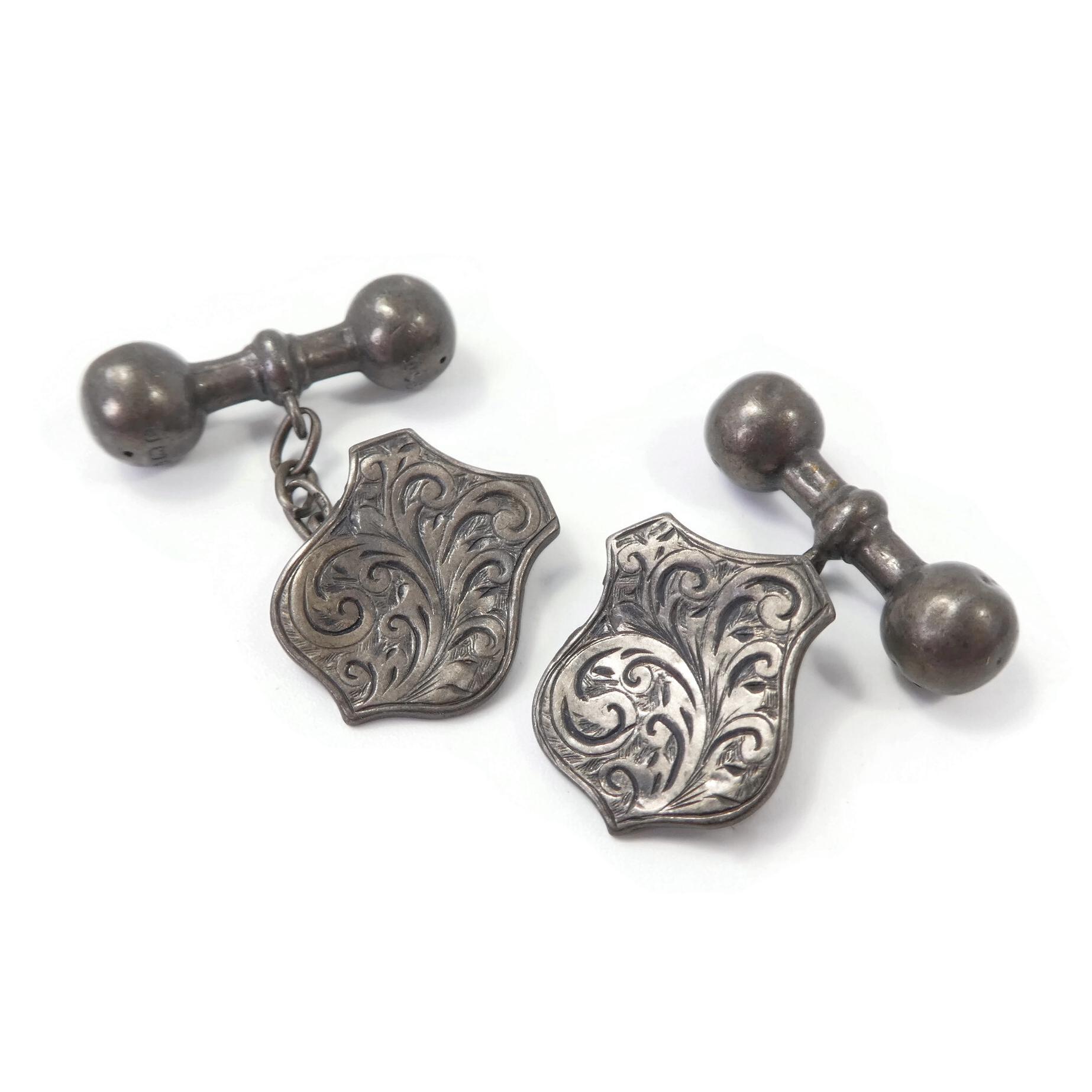 V*x様 Tah'Bah IngotSilver Cuff c.1945 Antique Silver, Shield Cuff Links, Dumbbell, Etched Design, Dated