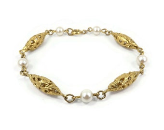 Vintage Faux Pearl, Links Bracelet, Filigree Beads, Gold Tone