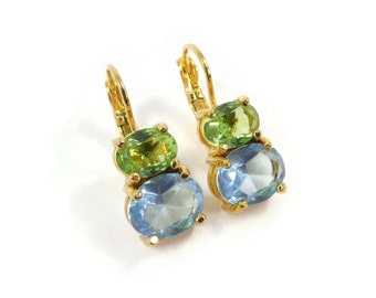 Vintage JOAN RIVERS, Green Blue Rhinestone, Earrings, Faceted Glass, Gold Tone, Hooks, Signed