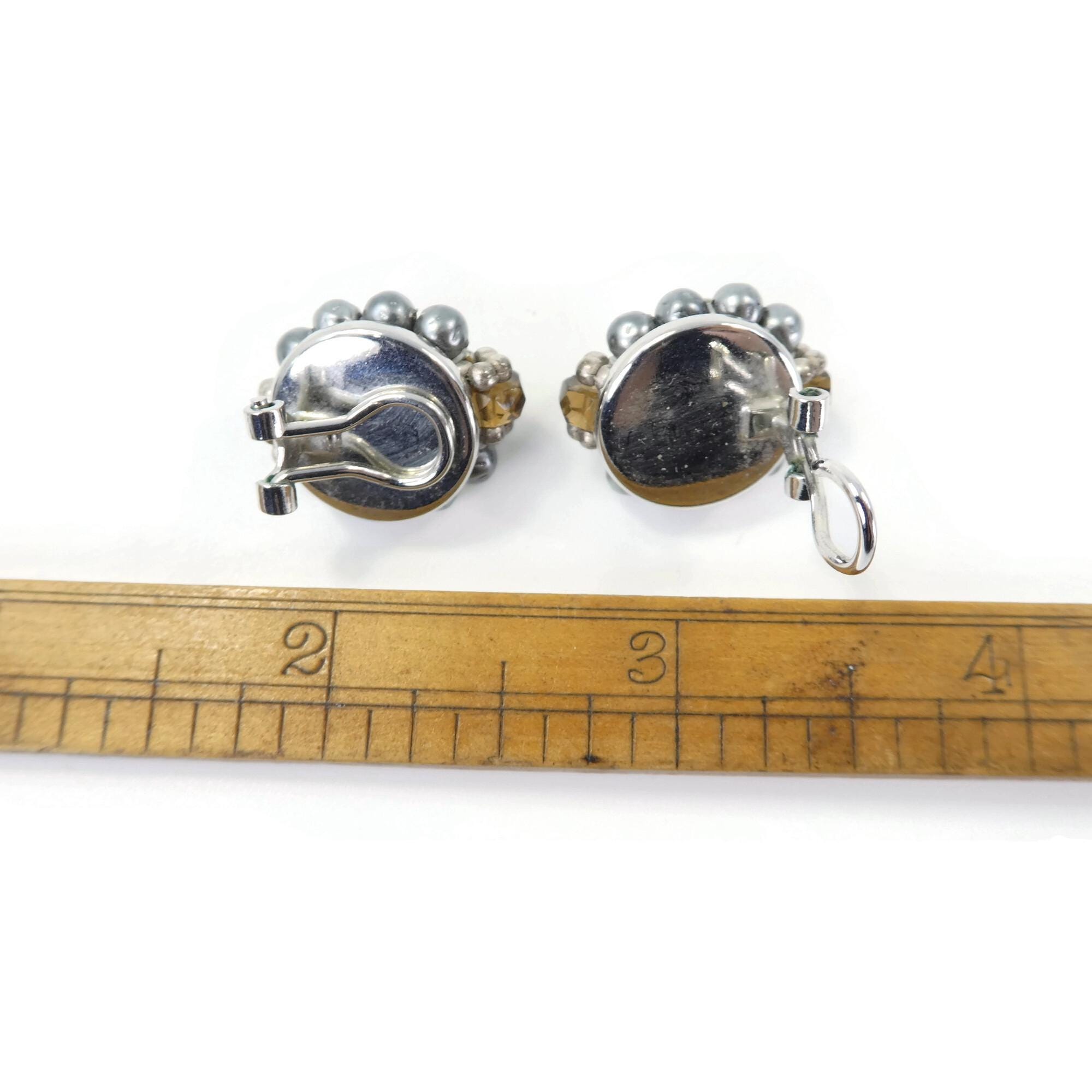 Boucles D'Oreilles Vintage Or Clip Avec Perles Grises - Modèle 5003, état Parfait