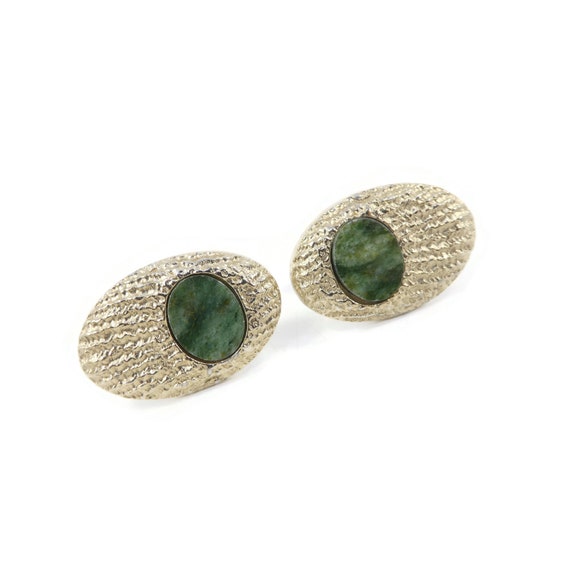 Vintage Serpentine, Oval Cuff Links, Green Stone,… - image 3
