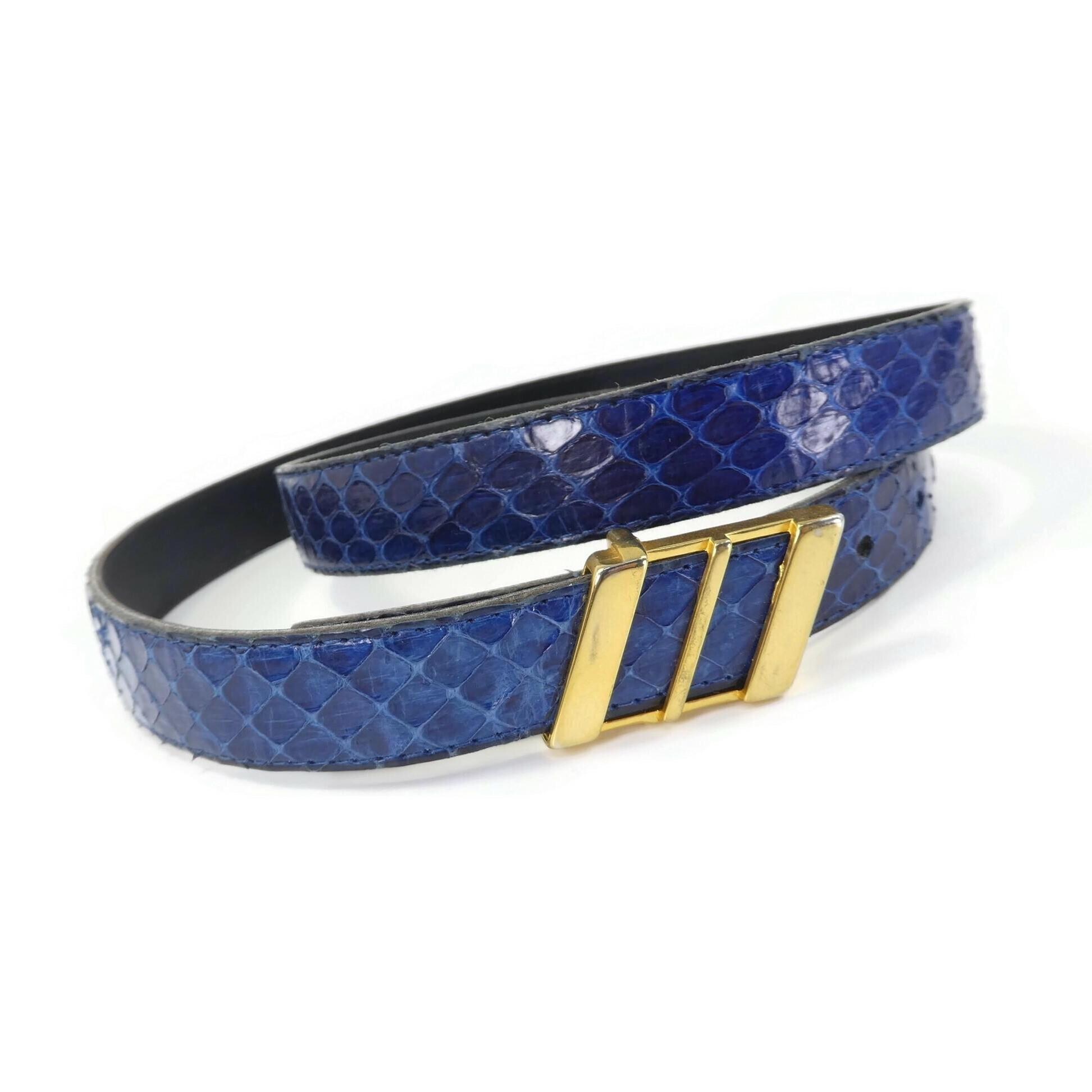 Vintage Italian, Blue Snakeskin, Skinny Belt, Gold Tone  display picture 2
