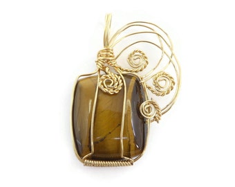 Vintage, Tiger's Eye Pendant, Wire Work, Gold Tone