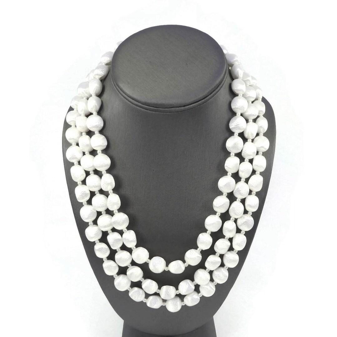 Vintage White Bead Necklace Three Strands Lucite Etsy