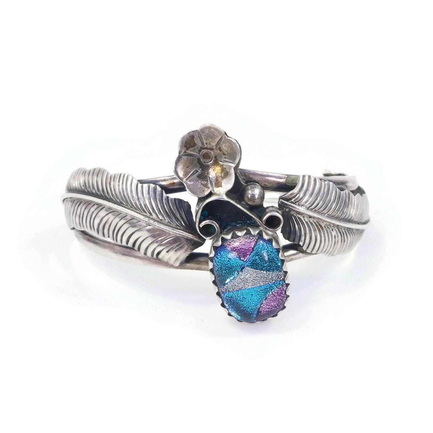 Vintage Sterling, Feather Cuff Bracelet, Blue Pink, Dichroic Art Glass, Flower, Made in Mexico